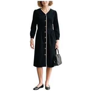 JINCHAN Crochet Trim Button Front Black Corduroy Midi Dress SZ 8